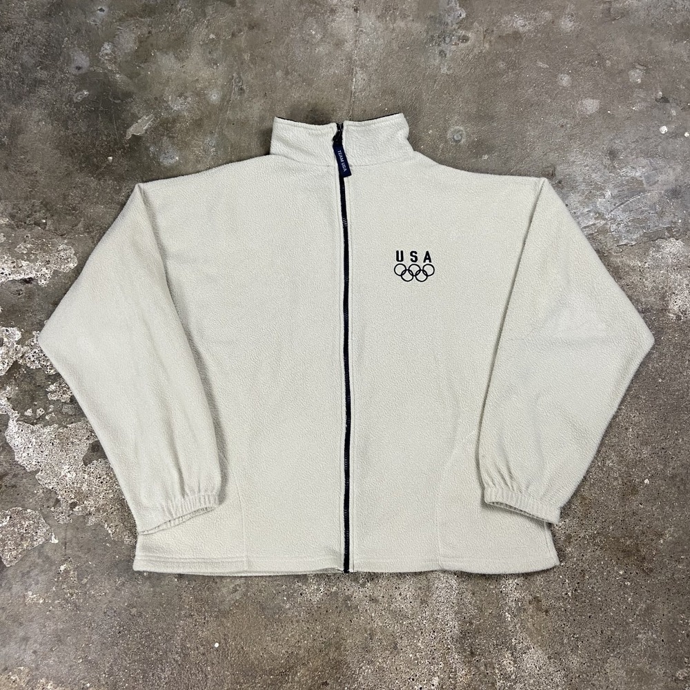 Vintage 90s USA Olympics Fleece Jacket Size XL White Mock Neck Full Zip Sports